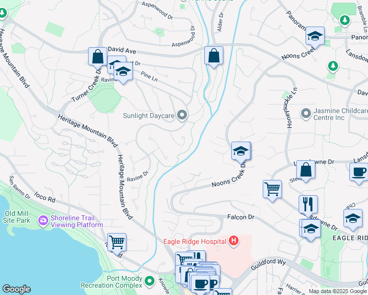 map of restaurants, bars, coffee shops, grocery stores, and more near 8 Creekstone Place in Port Moody