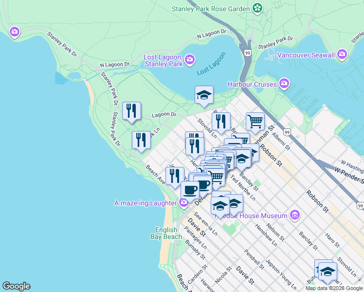 map of restaurants, bars, coffee shops, grocery stores, and more near in Vancouver