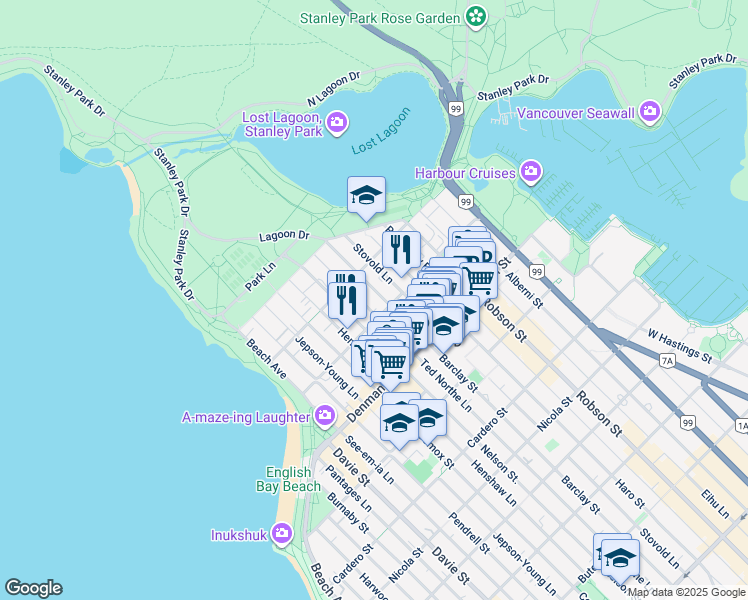 map of restaurants, bars, coffee shops, grocery stores, and more near 1924 Barclay Street in Vancouver