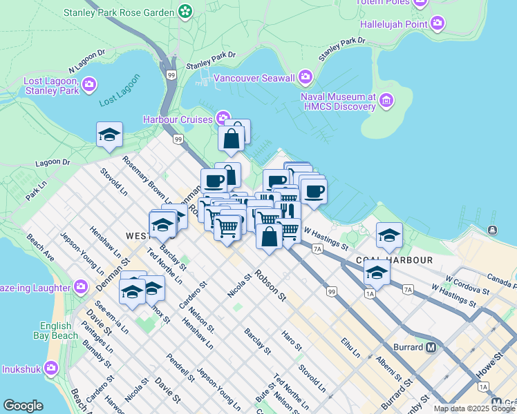 map of restaurants, bars, coffee shops, grocery stores, and more near 699 Cardero Street in Vancouver