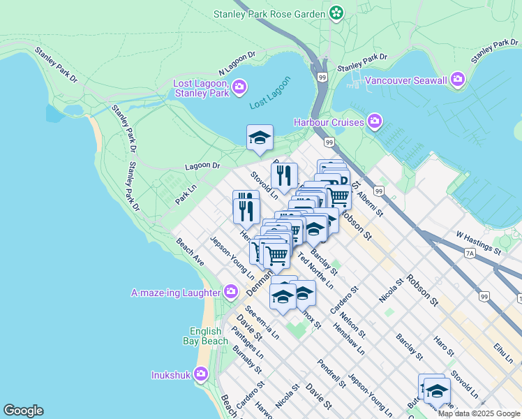 map of restaurants, bars, coffee shops, grocery stores, and more near 1934 Barclay Street in Vancouver