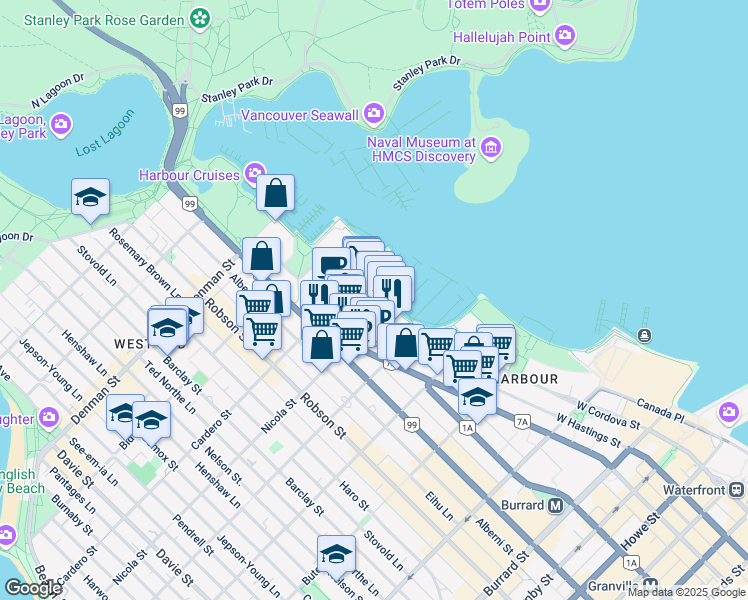 map of restaurants, bars, coffee shops, grocery stores, and more near 1520 Coal Harbour Quay in Vancouver