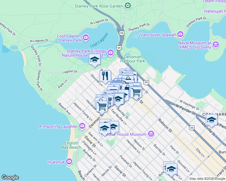map of restaurants, bars, coffee shops, grocery stores, and more near 1816 Haro Street in Vancouver