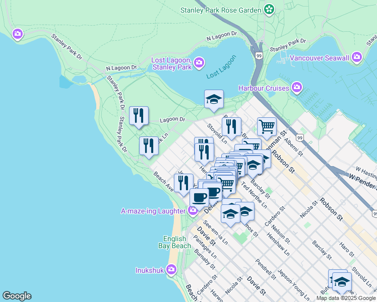 map of restaurants, bars, coffee shops, grocery stores, and more near in Vancouver