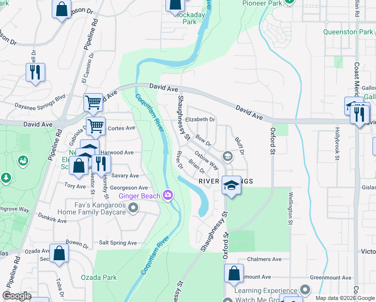 map of restaurants, bars, coffee shops, grocery stores, and more near 1267 Oxbow Way in Coquitlam