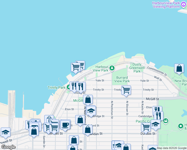 map of restaurants, bars, coffee shops, grocery stores, and more near 2485 Wall Street in Vancouver