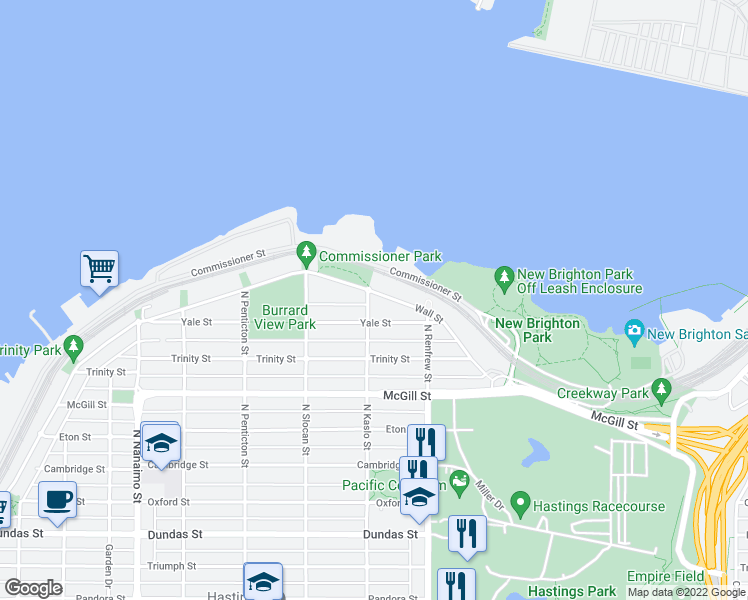 map of restaurants, bars, coffee shops, grocery stores, and more near 2808 Wall Street in Vancouver