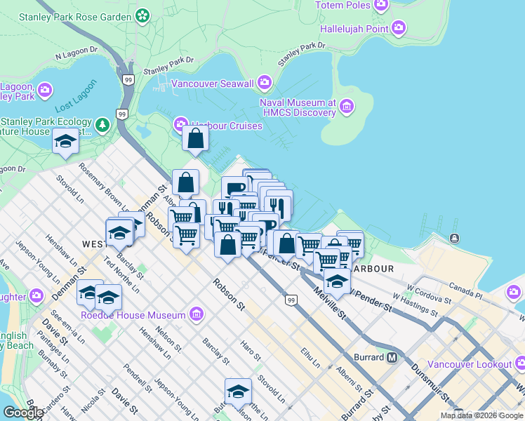 map of restaurants, bars, coffee shops, grocery stores, and more near 1550 Coal Harbour Quay in Vancouver