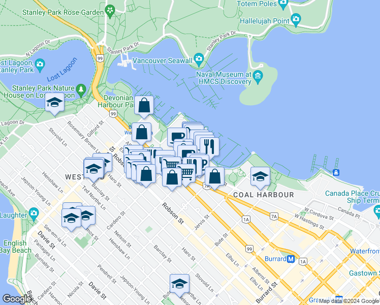 map of restaurants, bars, coffee shops, grocery stores, and more near 1590 Coal Harbour Quay in Vancouver
