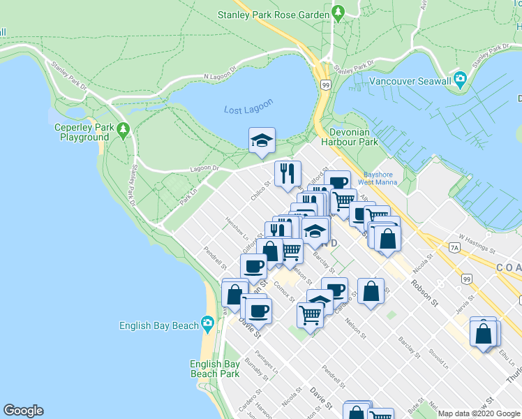 map of restaurants, bars, coffee shops, grocery stores, and more near in Vancouver