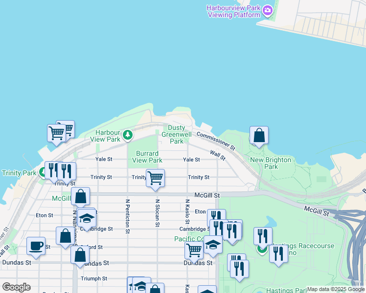 map of restaurants, bars, coffee shops, grocery stores, and more near 2786 Wall Street in Vancouver