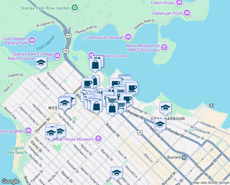 map of restaurants, bars, coffee shops, grocery stores, and more near 1616 Bayshore Drive in Vancouver