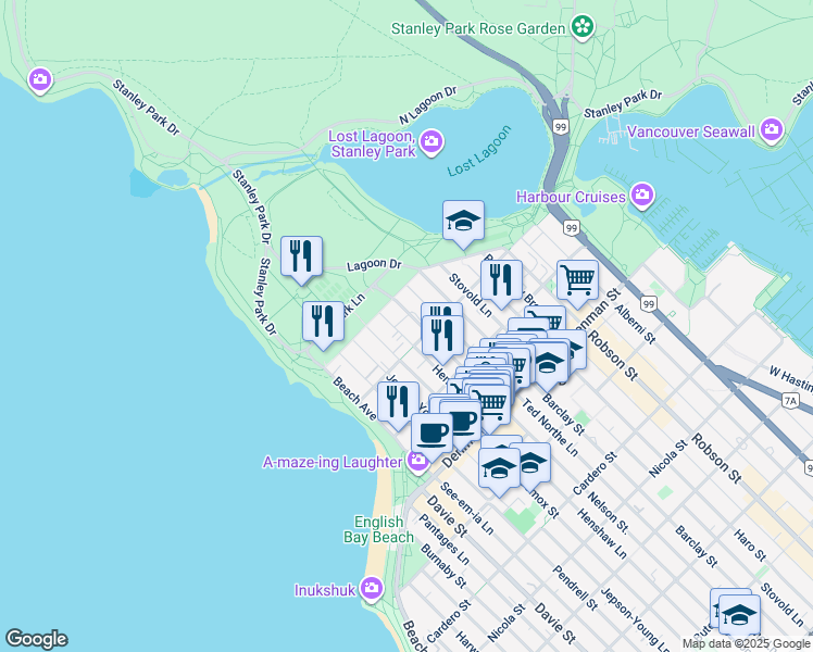 map of restaurants, bars, coffee shops, grocery stores, and more near 2040 Nelson Street in Vancouver