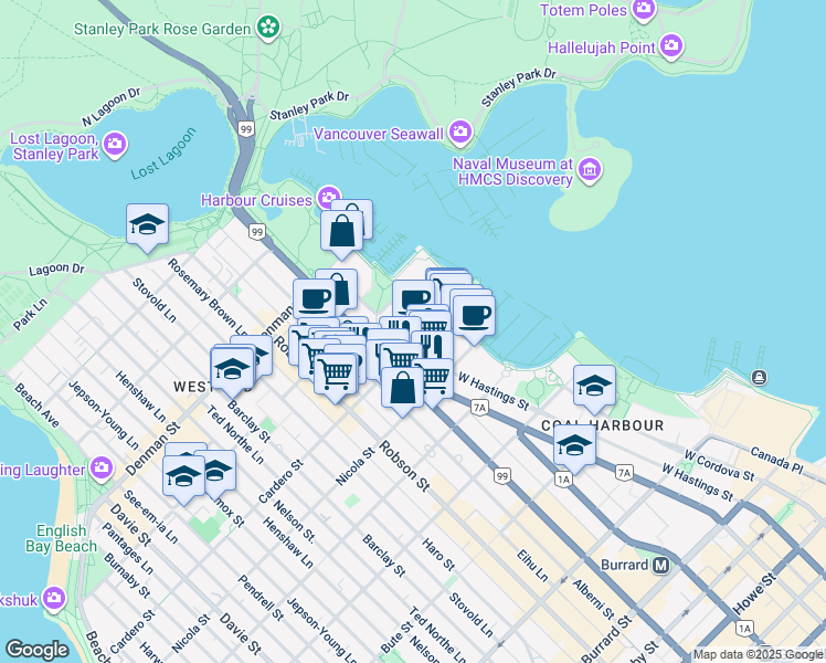 map of restaurants, bars, coffee shops, grocery stores, and more near 1616 Bayshore Drive in Vancouver