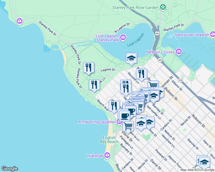 map of restaurants, bars, coffee shops, grocery stores, and more near 2075 Comox Street in Vancouver