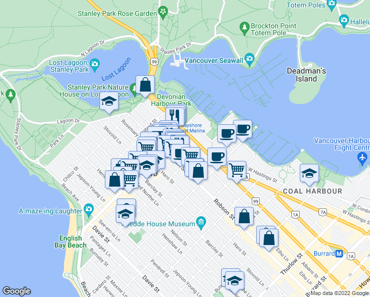 map of restaurants, bars, coffee shops, grocery stores, and more near 1732 Alberni Street in Vancouver