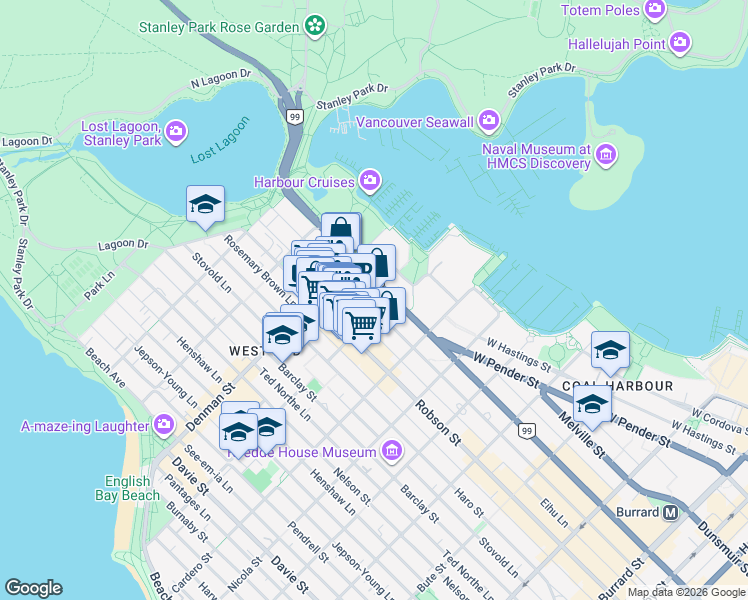 map of restaurants, bars, coffee shops, grocery stores, and more near 1728 Alberni Street in Vancouver