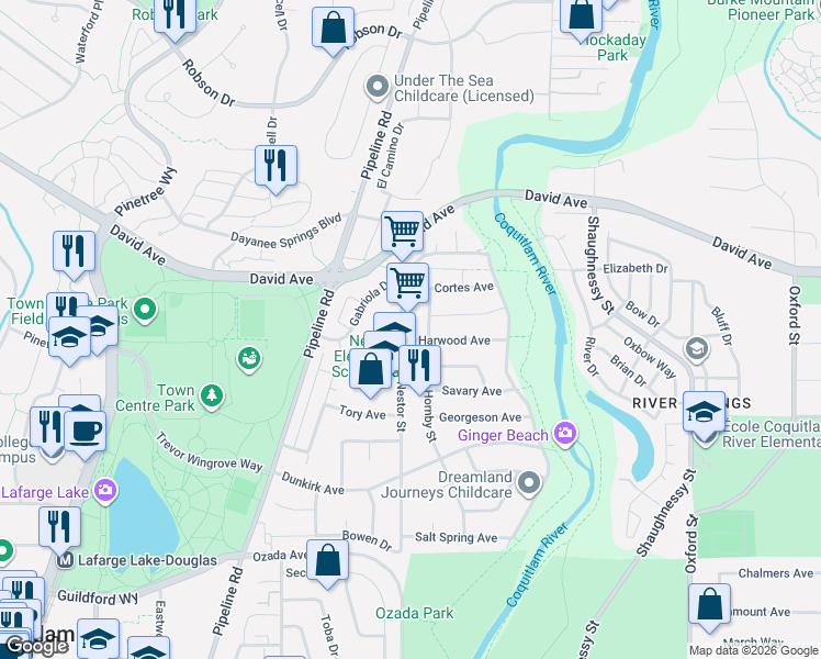 map of restaurants, bars, coffee shops, grocery stores, and more near 1303 Nestor Street in Coquitlam