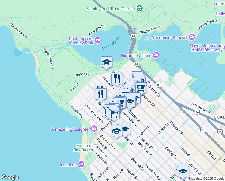 map of restaurants, bars, coffee shops, grocery stores, and more near 1945 Barclay Street in Vancouver