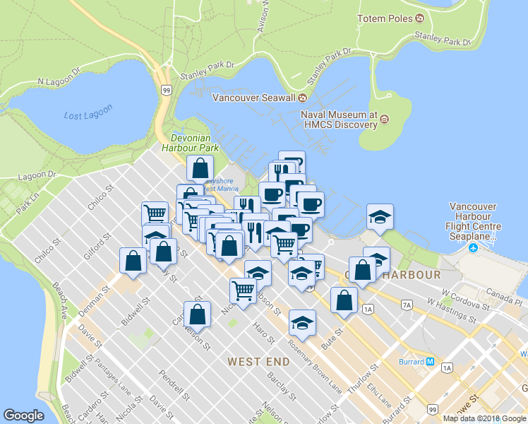 map of restaurants, bars, coffee shops, grocery stores, and more near 1616 Bayshore Drive in Vancouver