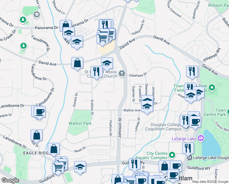 map of restaurants, bars, coffee shops, grocery stores, and more near 1301 Brewster Drive in Coquitlam
