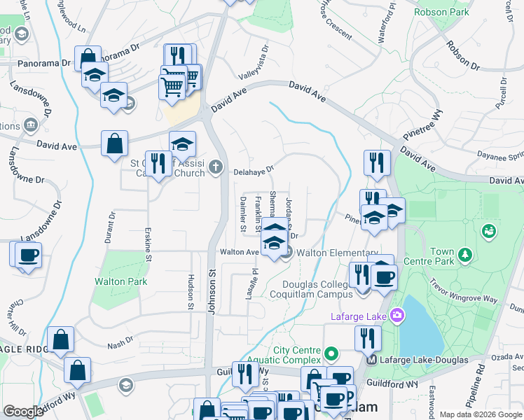 map of restaurants, bars, coffee shops, grocery stores, and more near 1301 Franklin Street in Coquitlam