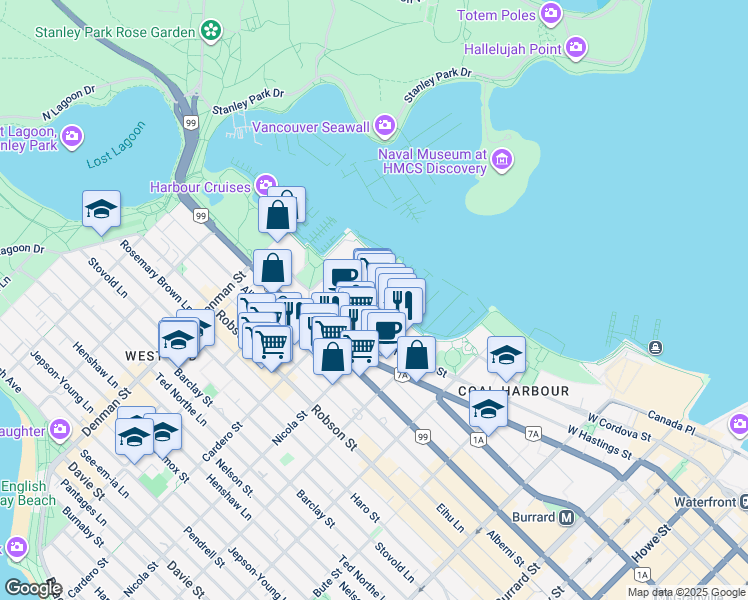 map of restaurants, bars, coffee shops, grocery stores, and more near 1590 Coal Harbour Quay in Vancouver