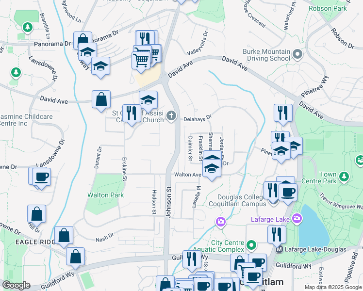 map of restaurants, bars, coffee shops, grocery stores, and more near 1303 Johnson Street in Coquitlam