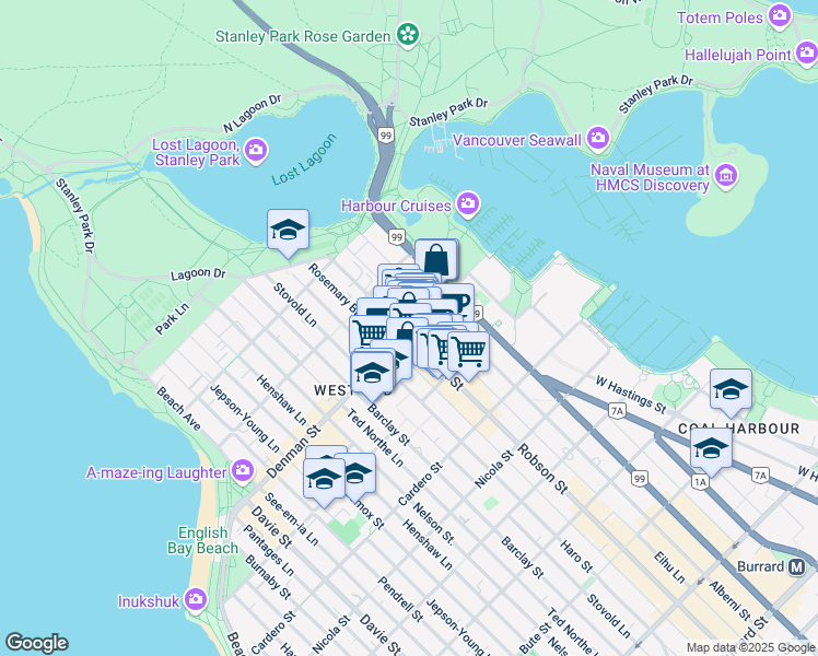 map of restaurants, bars, coffee shops, grocery stores, and more near 1766 Robson Street in Vancouver