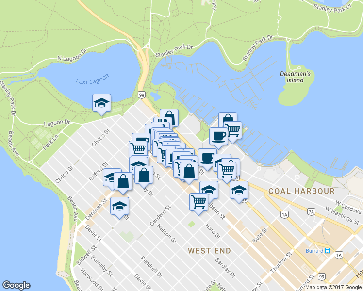map of restaurants, bars, coffee shops, grocery stores, and more near 1728 Alberni Street in Vancouver