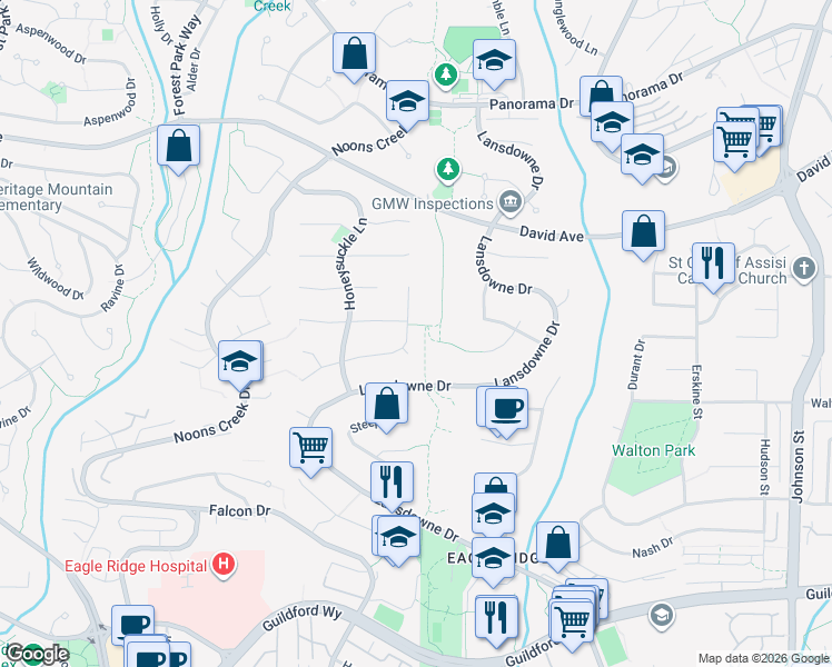 map of restaurants, bars, coffee shops, grocery stores, and more near 2577 Trillium Place in Coquitlam