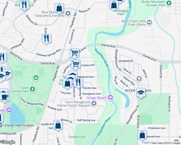 map of restaurants, bars, coffee shops, grocery stores, and more near 3230 Ballenas Court in Coquitlam