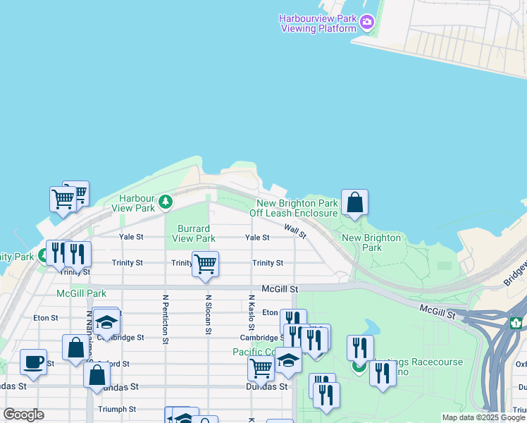 map of restaurants, bars, coffee shops, grocery stores, and more near 2821 Wall Street in Vancouver