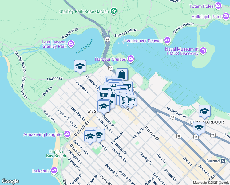 map of restaurants, bars, coffee shops, grocery stores, and more near 779 Denman Street in Vancouver