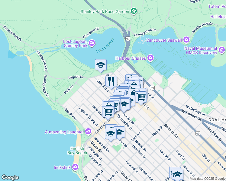 map of restaurants, bars, coffee shops, grocery stores, and more near 1906 Haro Street in Vancouver