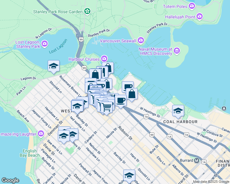 map of restaurants, bars, coffee shops, grocery stores, and more near in Vancouver