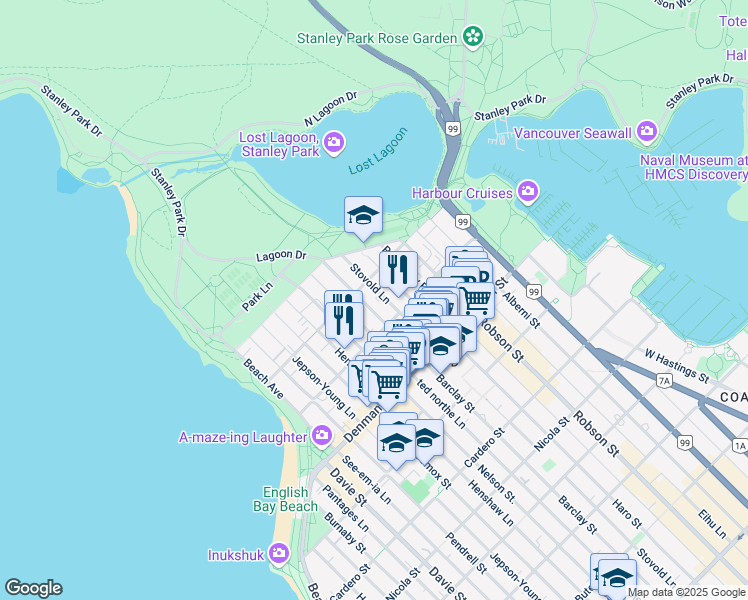 map of restaurants, bars, coffee shops, grocery stores, and more near in Vancouver