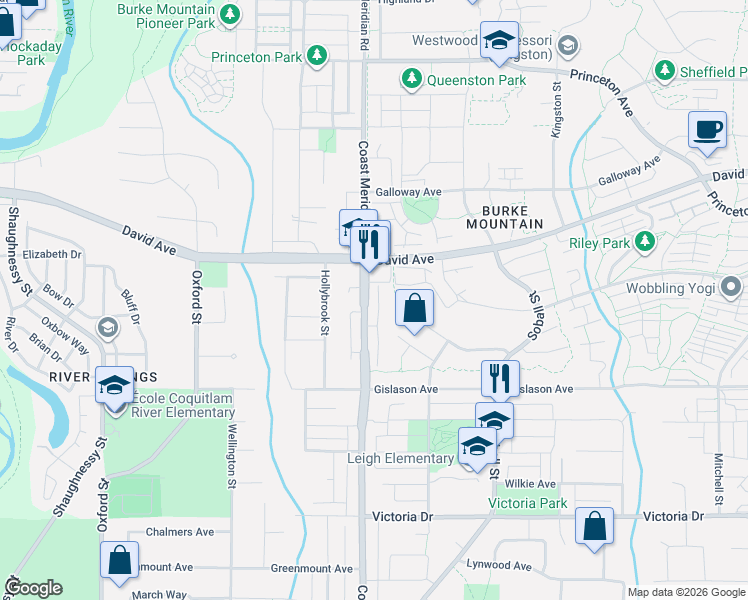 map of restaurants, bars, coffee shops, grocery stores, and more near 1299 Coast Meridian Road in Coquitlam