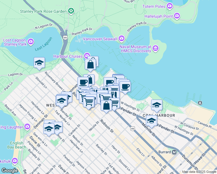 map of restaurants, bars, coffee shops, grocery stores, and more near 1600 Bayshore Drive in Vancouver