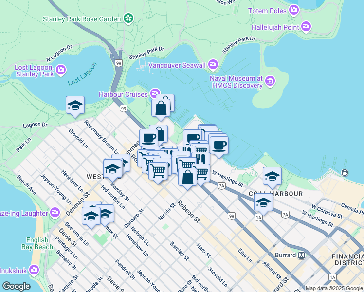 map of restaurants, bars, coffee shops, grocery stores, and more near 1650 Bayshore Drive in Vancouver