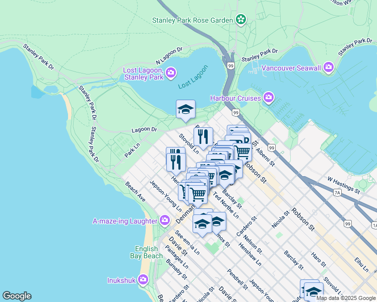 map of restaurants, bars, coffee shops, grocery stores, and more near 1967 Barclay Street in Vancouver