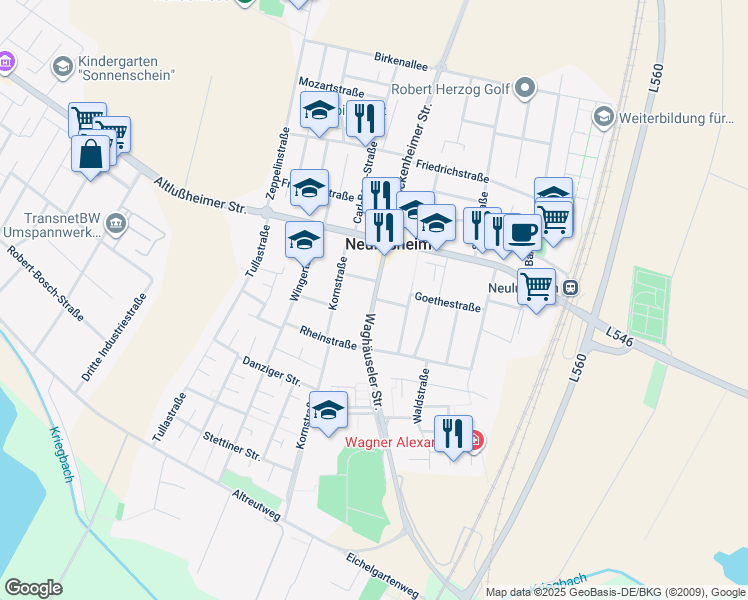 map of restaurants, bars, coffee shops, grocery stores, and more near in Neulußheim