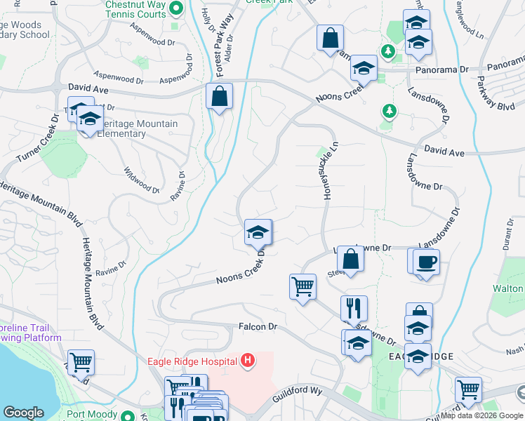 map of restaurants, bars, coffee shops, grocery stores, and more near 17 Campion Court in Port Moody