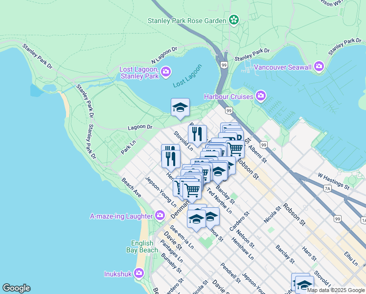 map of restaurants, bars, coffee shops, grocery stores, and more near in Vancouver
