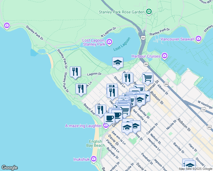 map of restaurants, bars, coffee shops, grocery stores, and more near 2045 Nelson Street in Vancouver