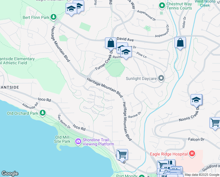 map of restaurants, bars, coffee shops, grocery stores, and more near Heritage Mountain Boulevard in Port Moody
