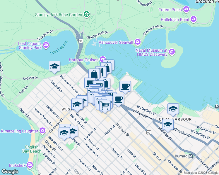 map of restaurants, bars, coffee shops, grocery stores, and more near 1710 Bayshore Drive in Vancouver