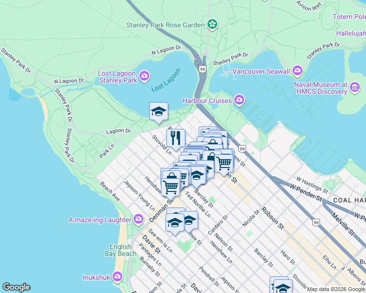 map of restaurants, bars, coffee shops, grocery stores, and more near 1915 Haro Street in Vancouver
