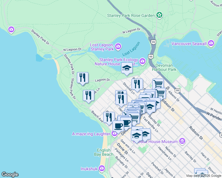map of restaurants, bars, coffee shops, grocery stores, and more near 2077 Nelson Street in Vancouver