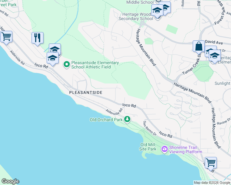 map of restaurants, bars, coffee shops, grocery stores, and more near Jacobs Road in Port Moody